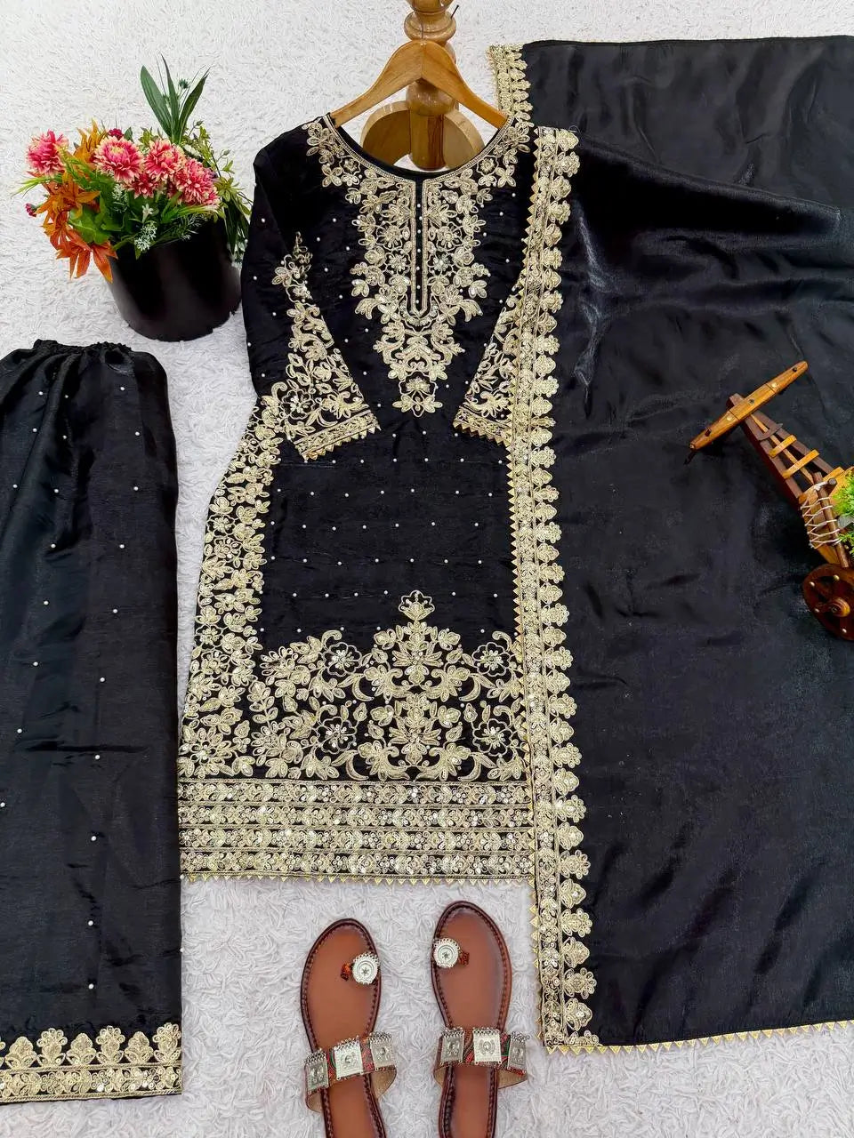 Embroidered Silk Kurta Palazzo Set With Dupatta
