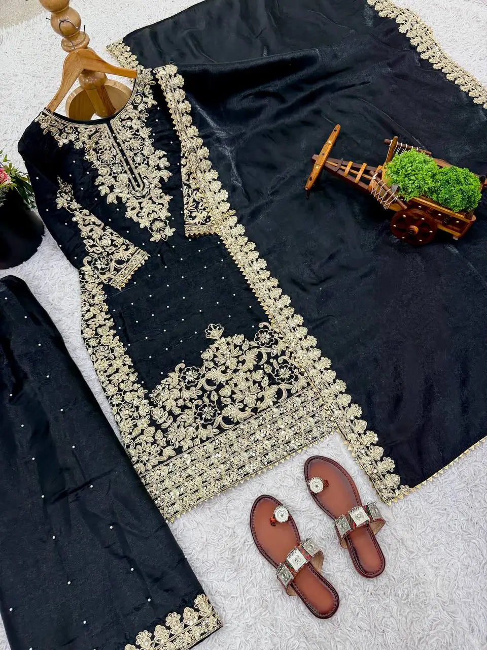 Embroidered Silk Kurta Palazzo Set With Dupatta