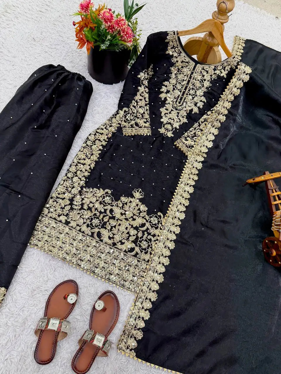 Embroidered Silk Kurta Palazzo Set With Dupatta
