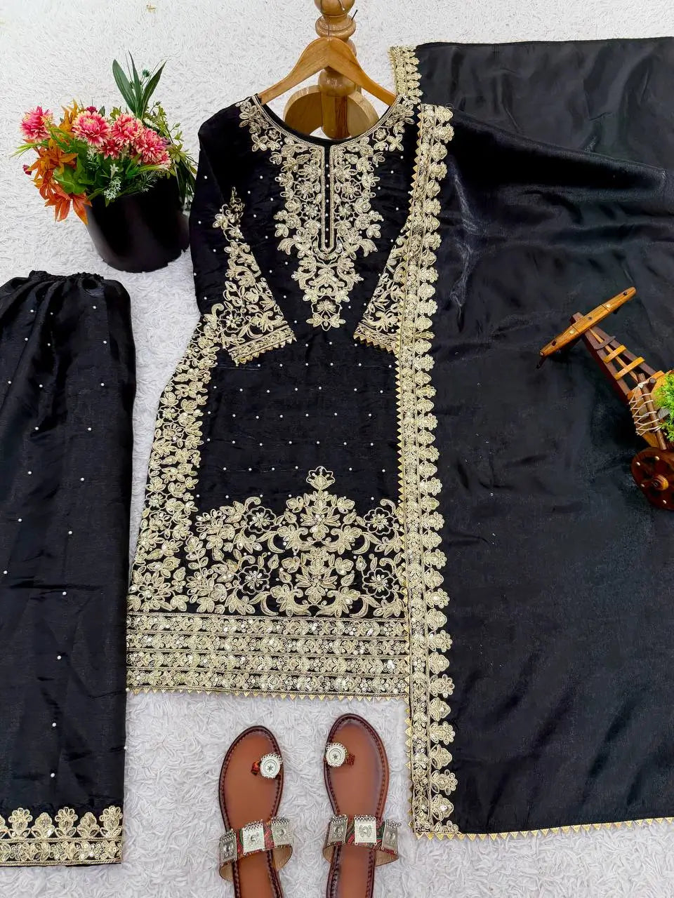 Embroidered Silk Kurta Palazzo Set With Dupatta