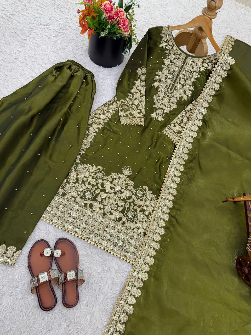 Embroidered Silk Kurta Palazzo Set With Dupatta