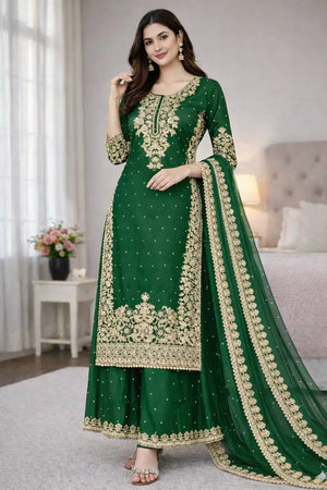 Embroidered Silk Kurta Palazzo Set With Dupatta