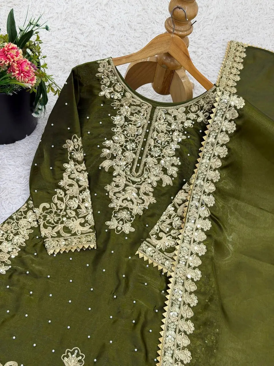 Embroidered Silk Kurta Palazzo Set With Dupatta