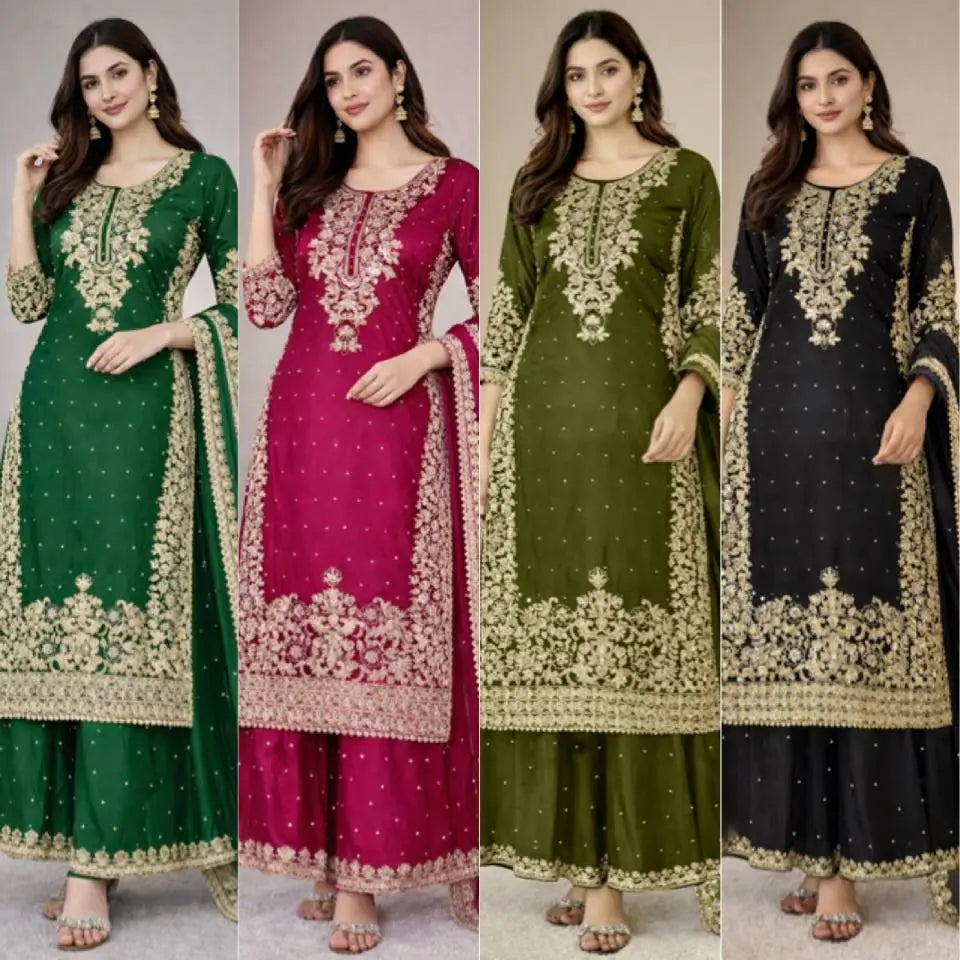 Embroidered Silk Kurta Palazzo Set With Dupatta