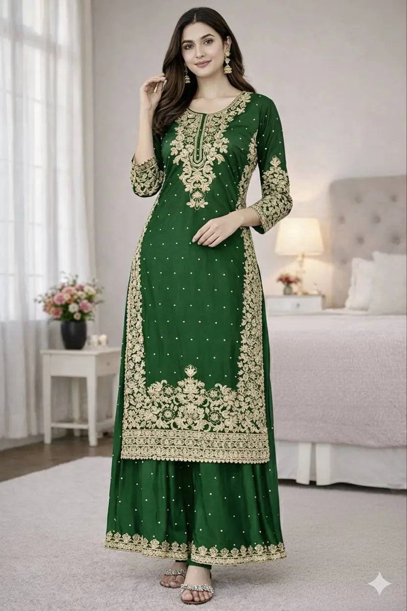 Embroidered Silk Kurta Palazzo Set With Dupatta