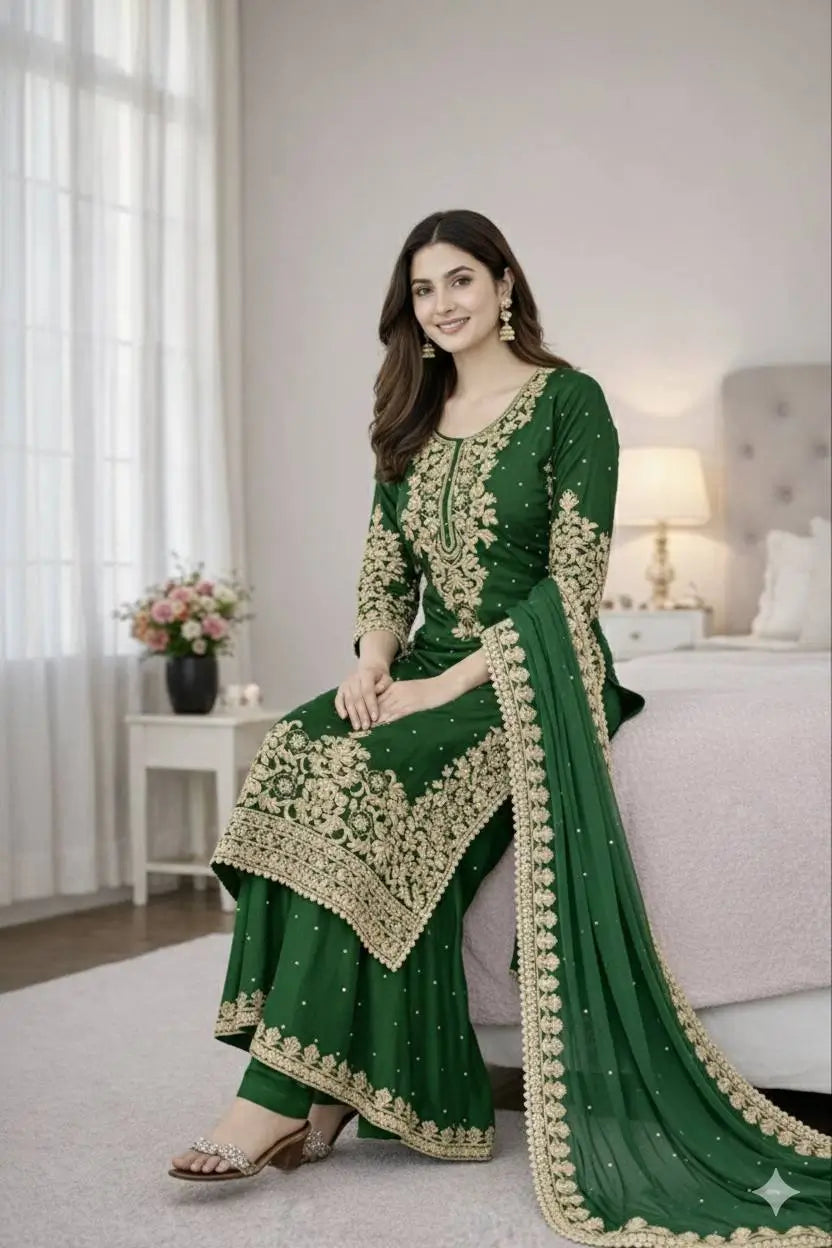 Embroidered Silk Kurta Palazzo Set With Dupatta