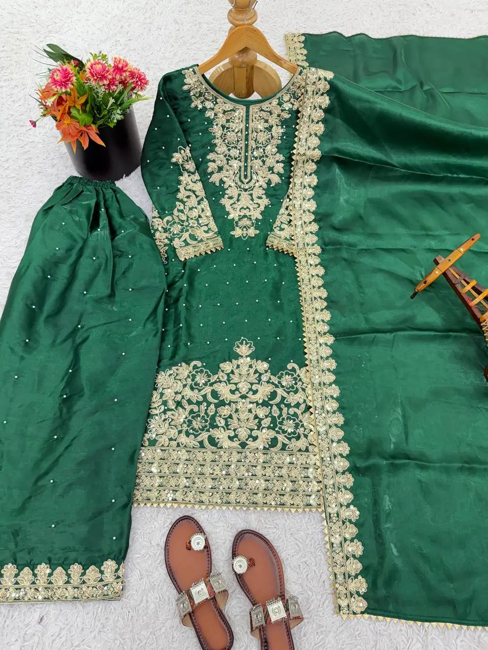 Embroidered Silk Kurta Palazzo Set With Dupatta