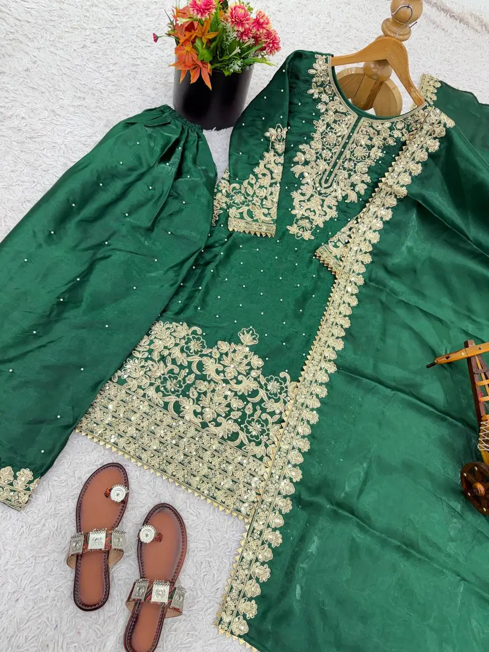 Embroidered Silk Kurta Palazzo Set With Dupatta