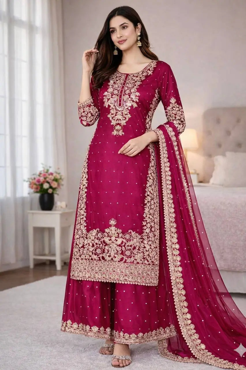 Embroidered Silk Kurta Palazzo Set With Dupatta