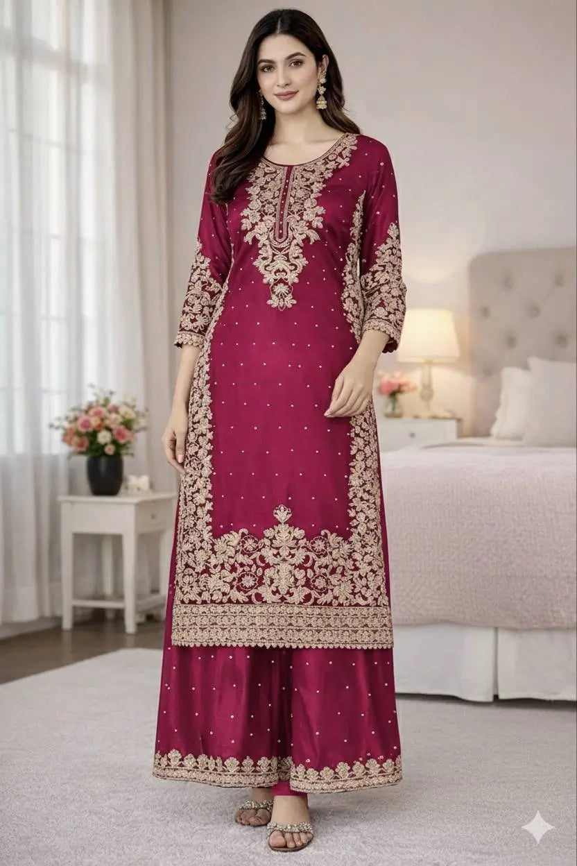 Embroidered Silk Kurta Palazzo Set With Dupatta