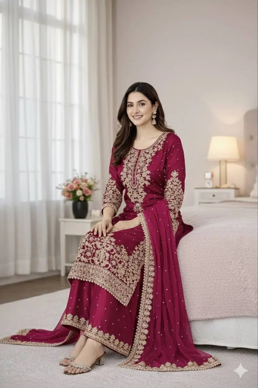 Embroidered Silk Kurta Palazzo Set With Dupatta