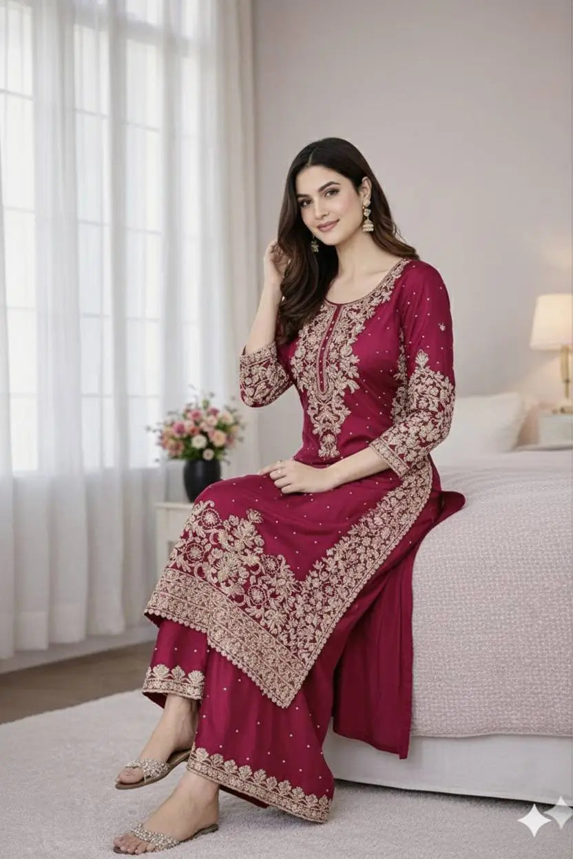 Embroidered Silk Kurta Palazzo Set With Dupatta