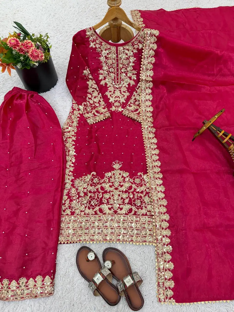 Embroidered Silk Kurta Palazzo Set With Dupatta