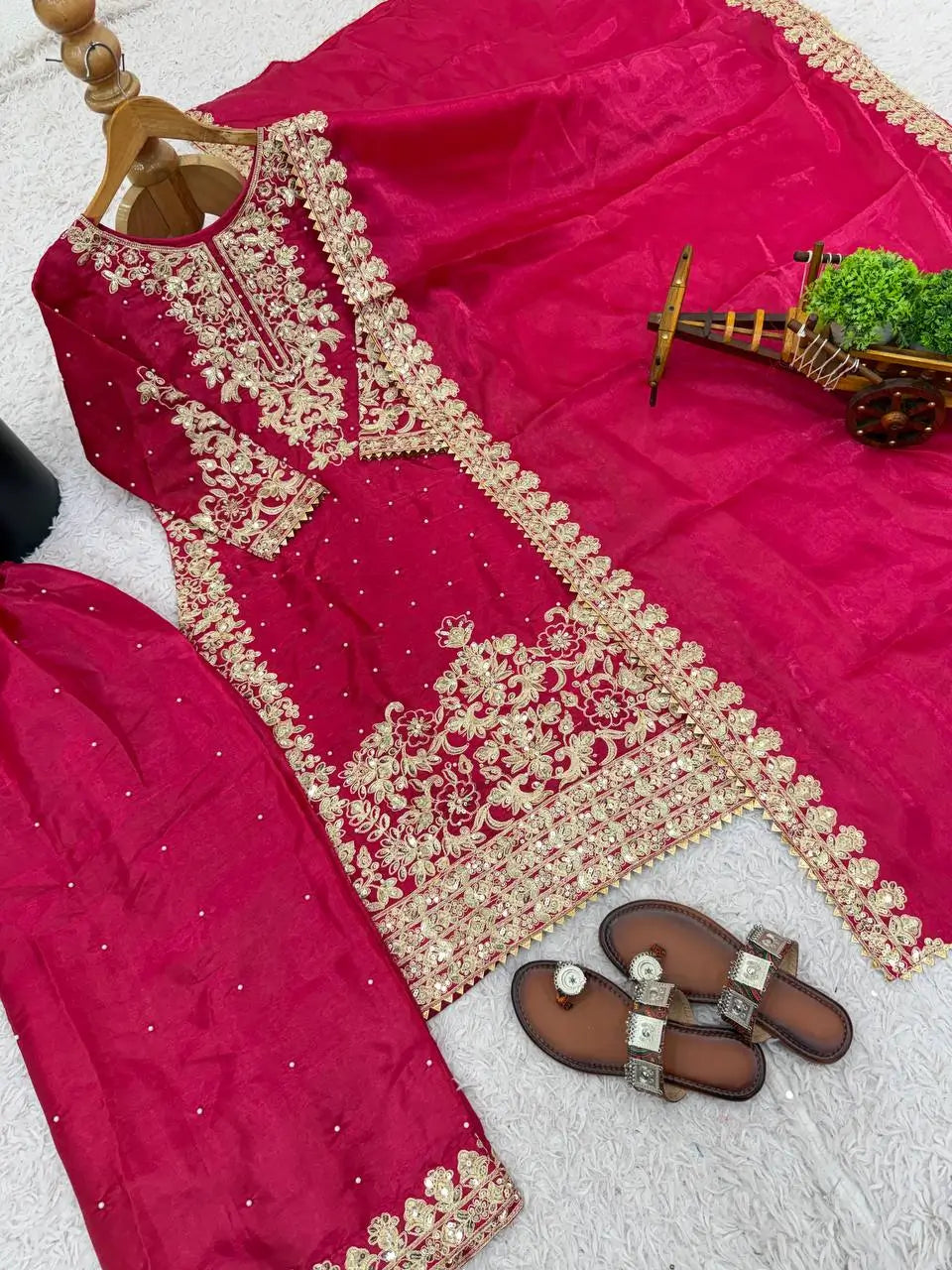 Embroidered Silk Kurta Palazzo Set With Dupatta