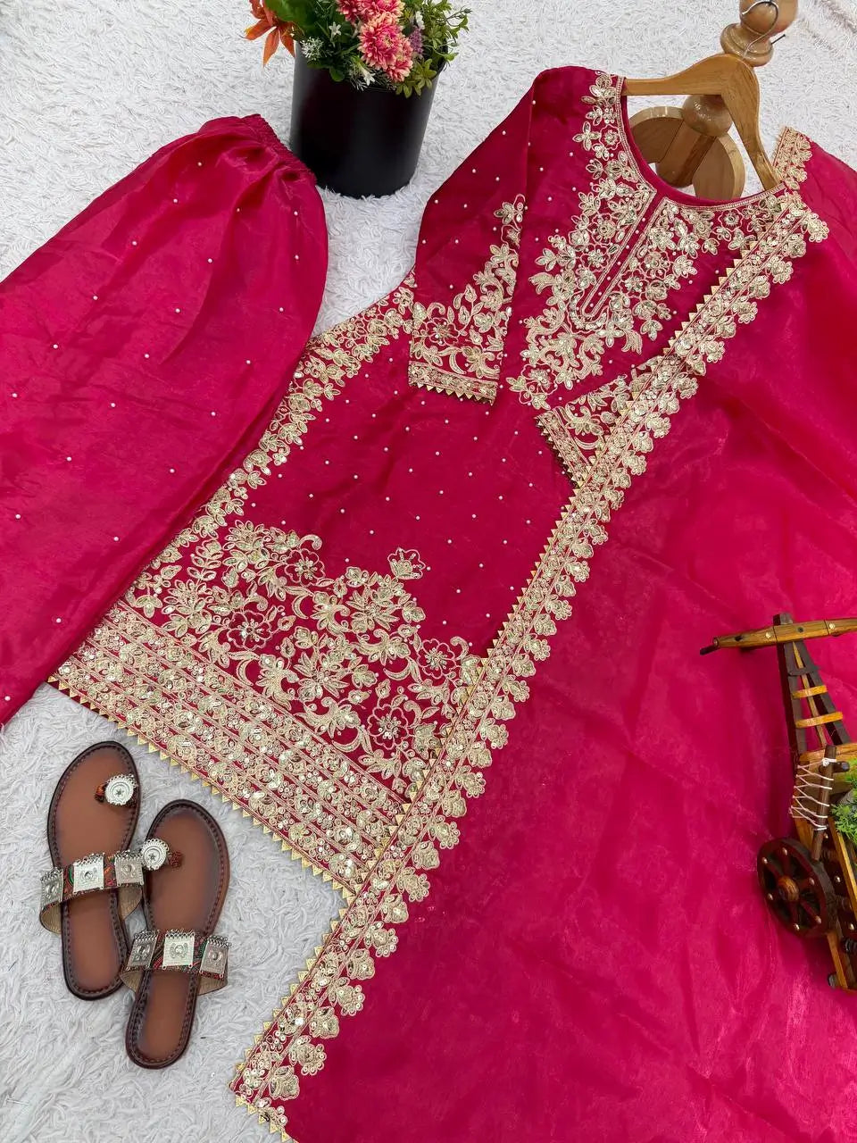 Embroidered Silk Kurta Palazzo Set With Dupatta