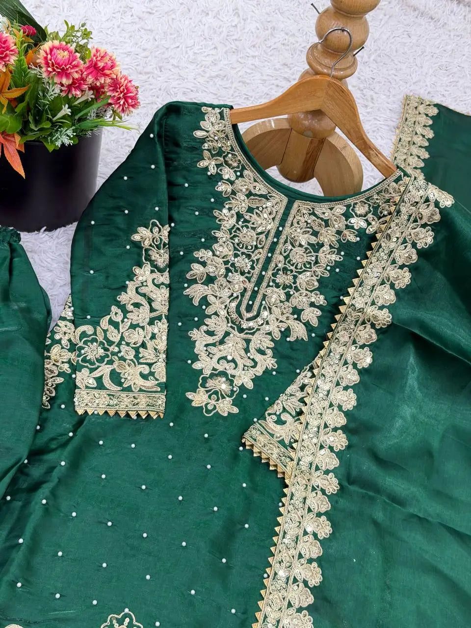 Embroidered Silk Kurta Palazzo Set With Dupatta