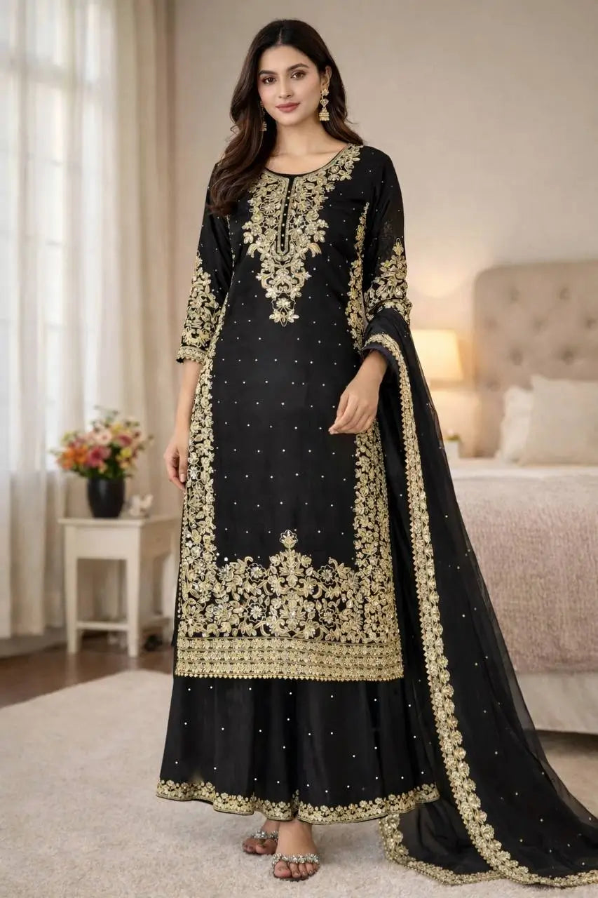 Embroidered Silk Kurta Palazzo Set With Dupatta