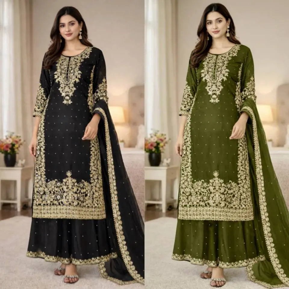 Embroidered Silk Kurta Palazzo Set With Dupatta