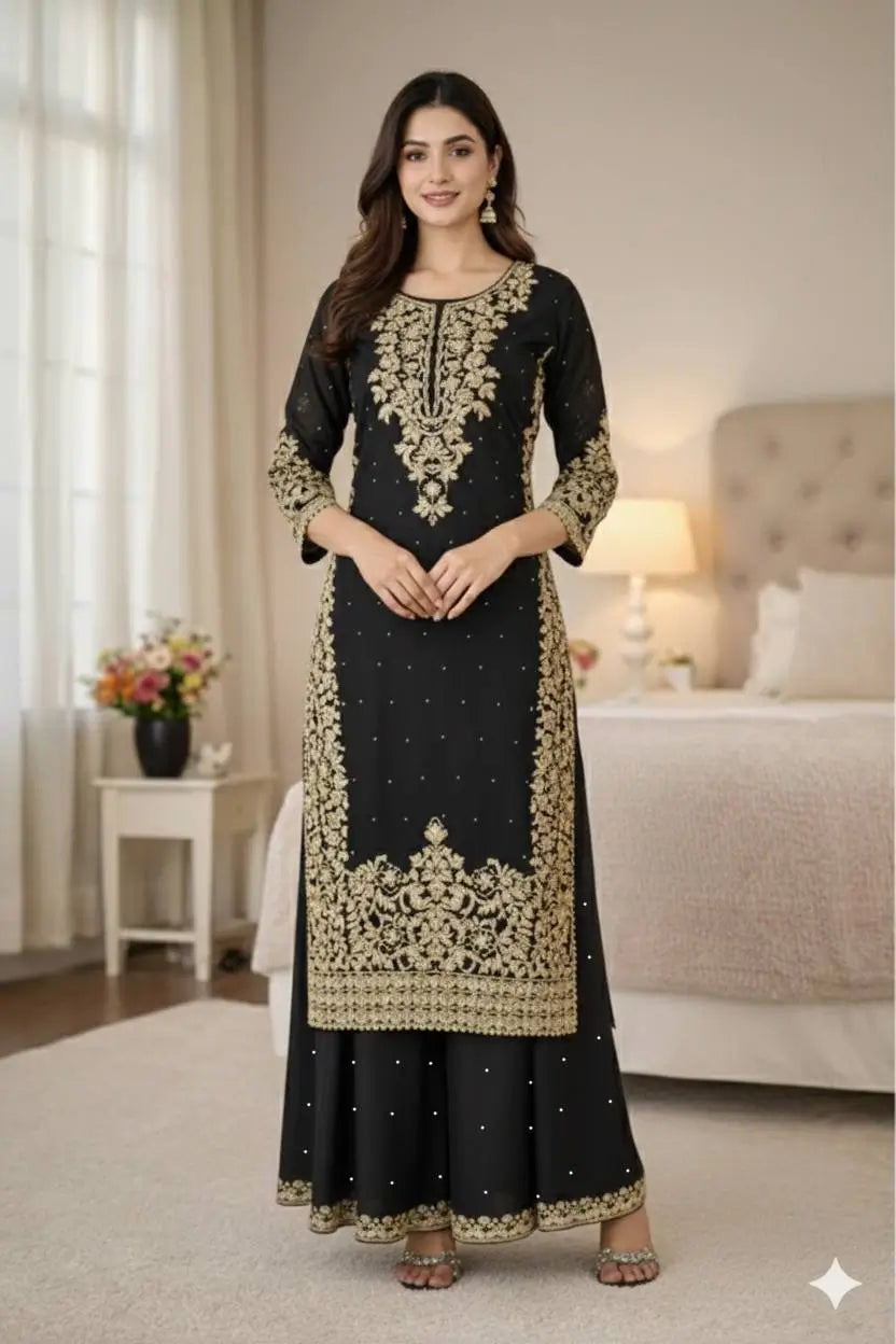 Embroidered Silk Kurta Palazzo Set With Dupatta