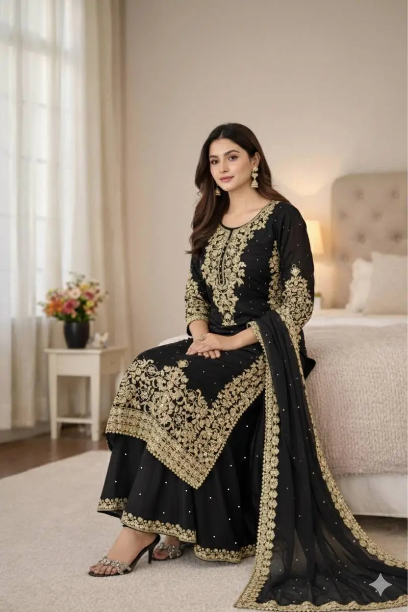 Embroidered Silk Kurta Palazzo Set With Dupatta