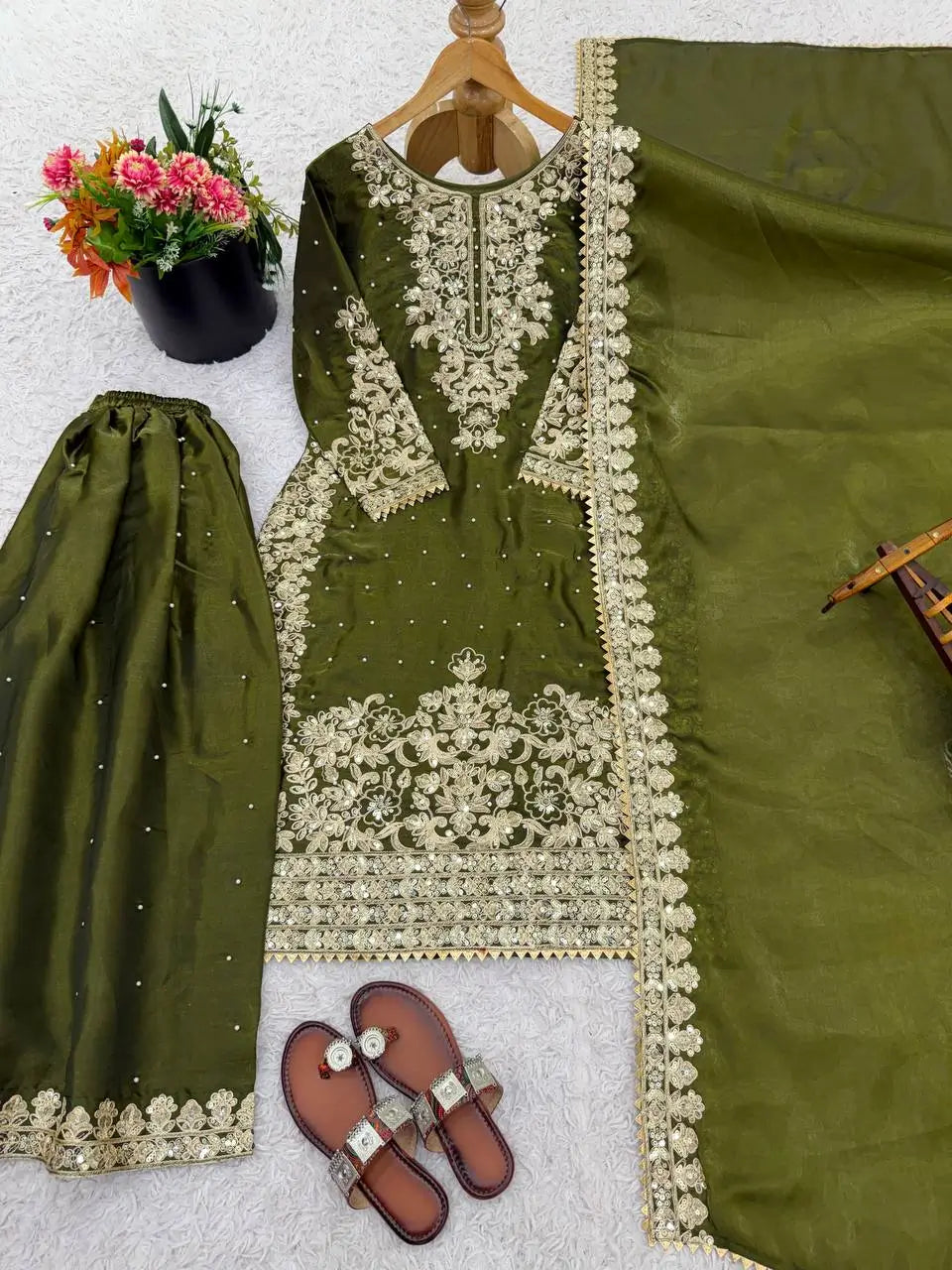 Embroidered Silk Kurta Palazzo Set With Dupatta