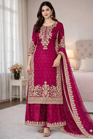 Embroidered Silk Kurta Palazzo Set With Dupatta
