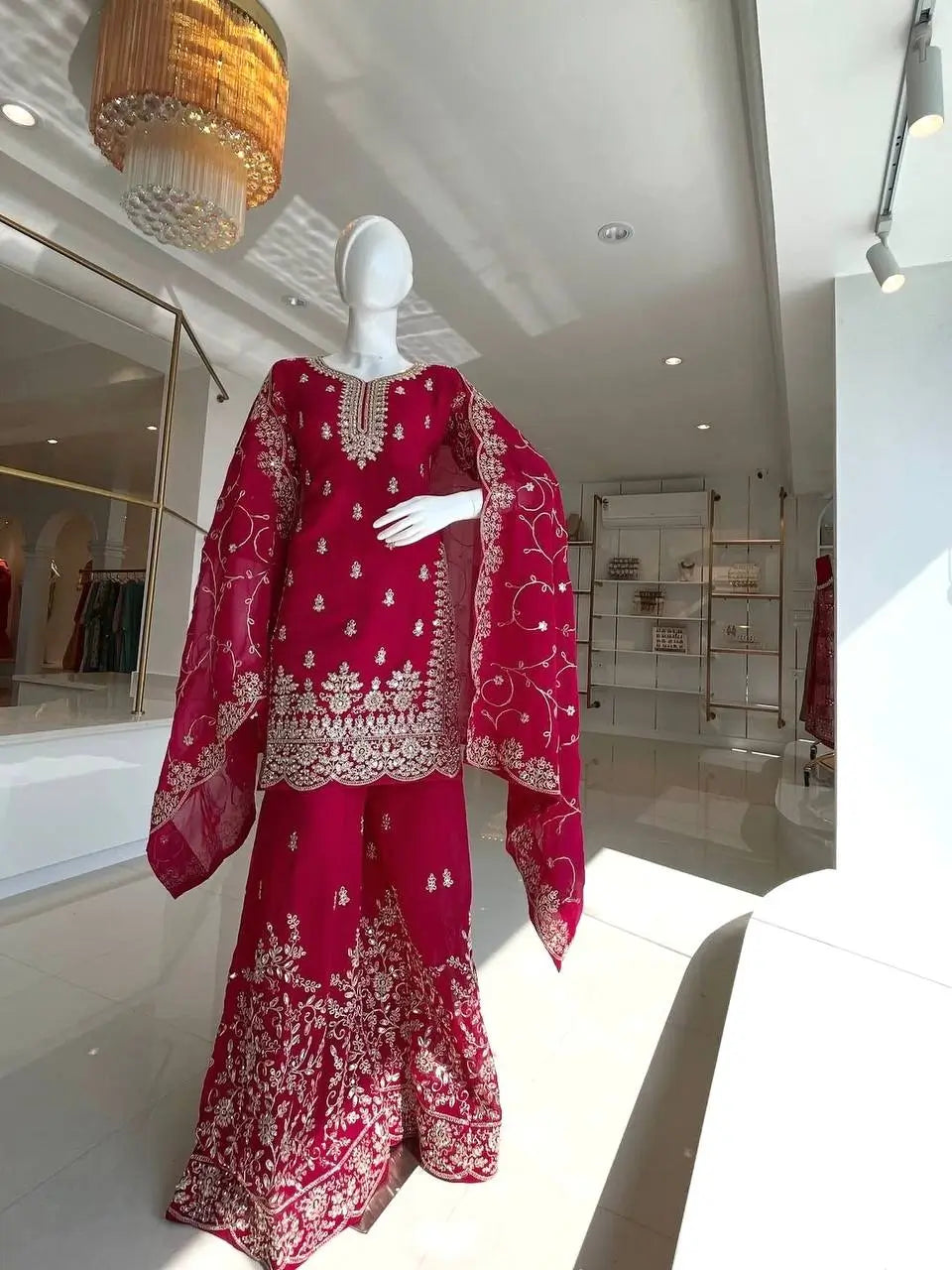 Embroidered Silk Kurta Palazzo Set With Dupatta
