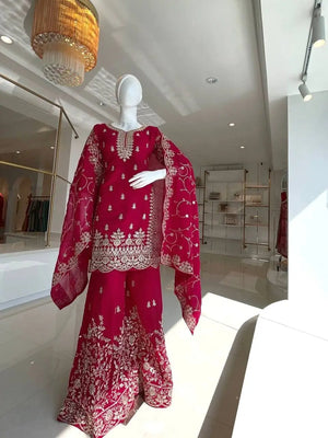 Embroidered Silk Kurta Palazzo Set With Dupatta