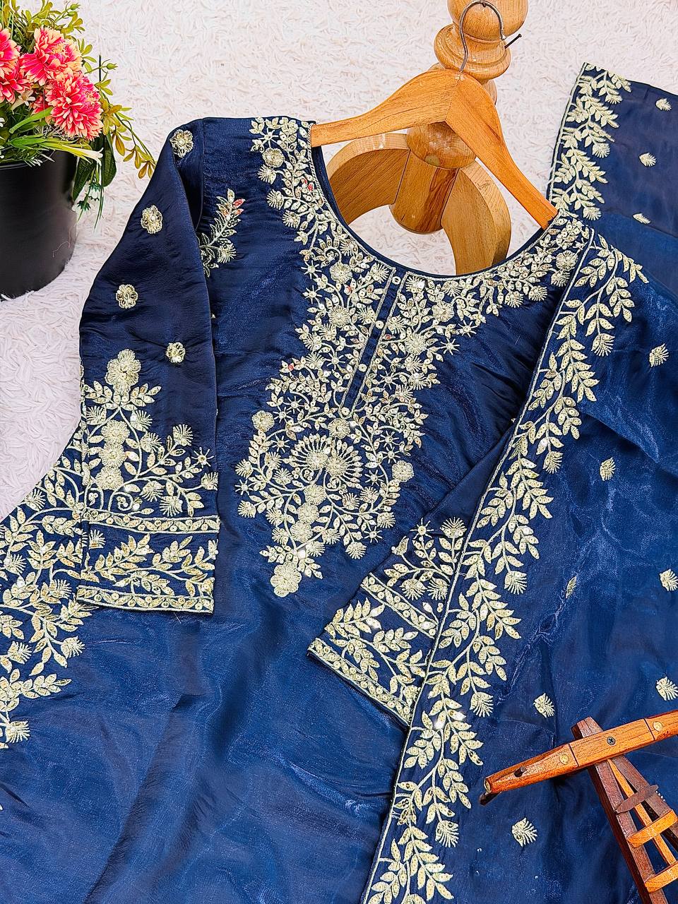 Embroidered Silk Kurta Palazzo Set with Dupatta