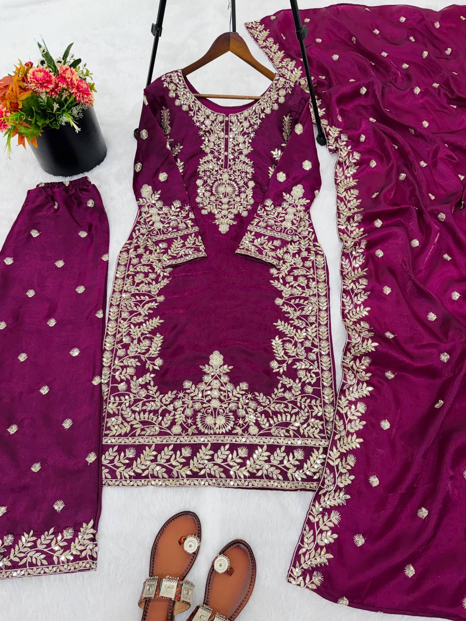 Embroidered Silk Kurta Palazzo Set with Dupatta