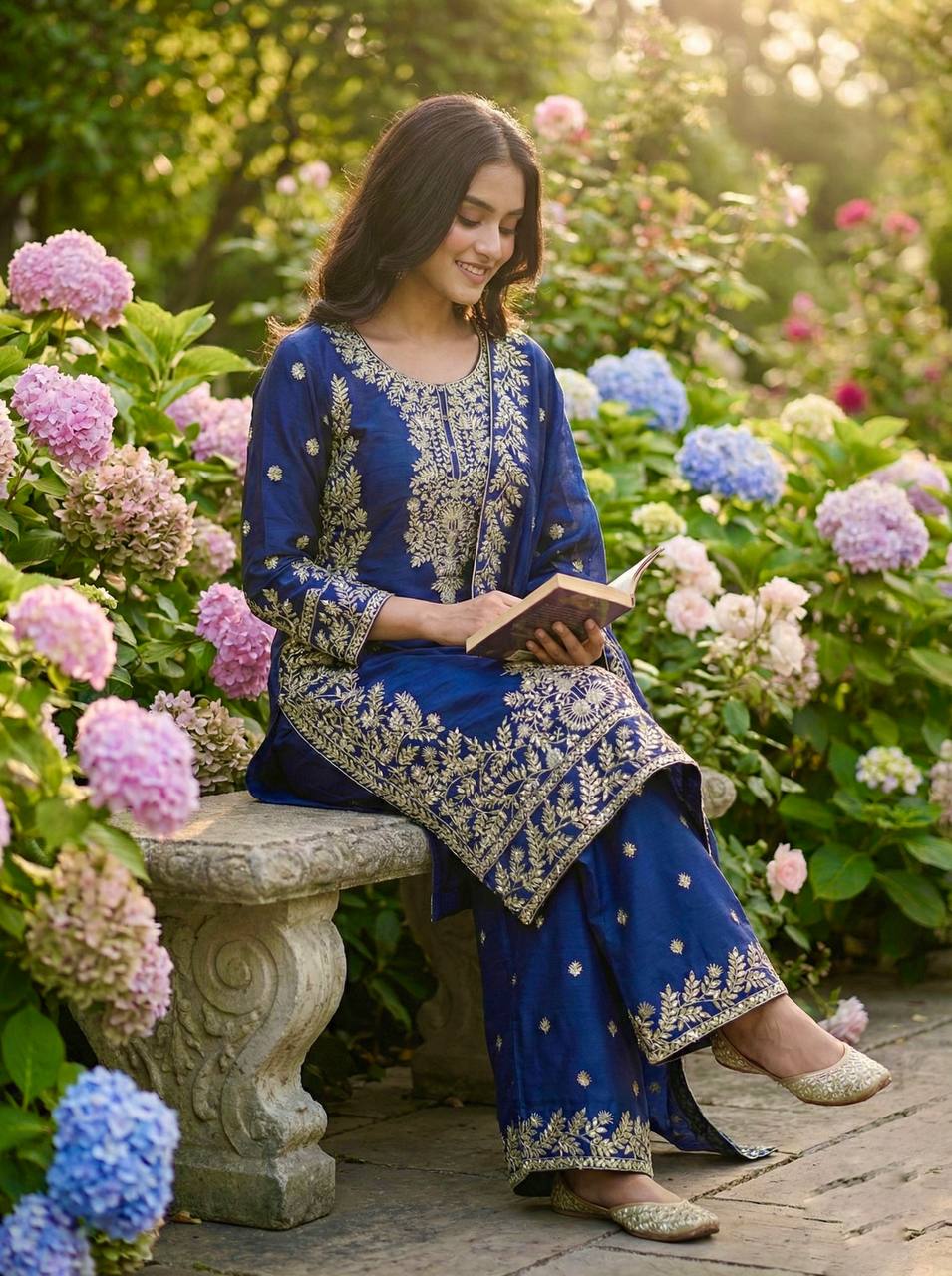 Embroidered Silk Kurta Palazzo Set with Dupatta