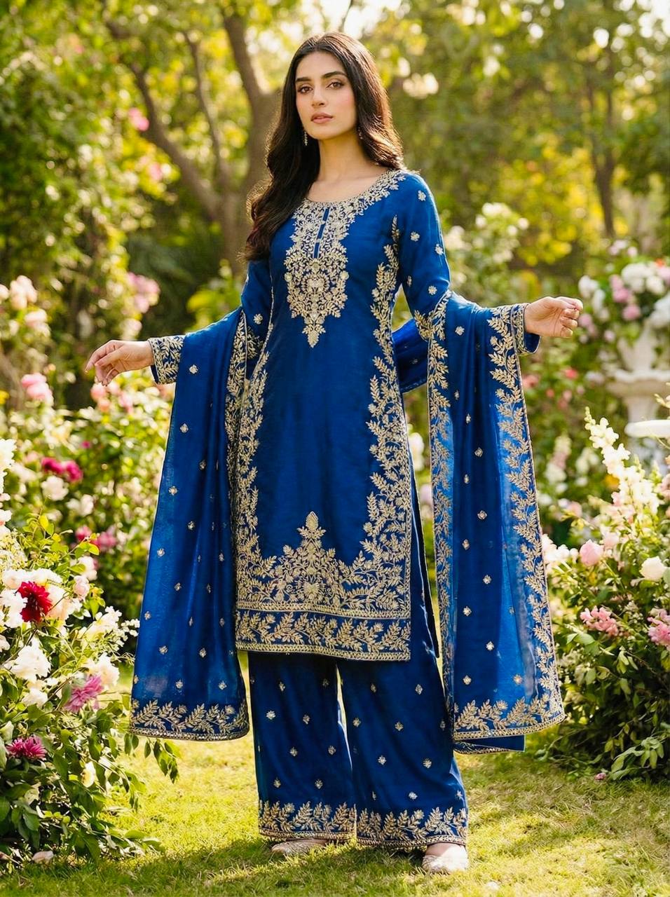 Embroidered Silk Kurta Palazzo Set with Dupatta
