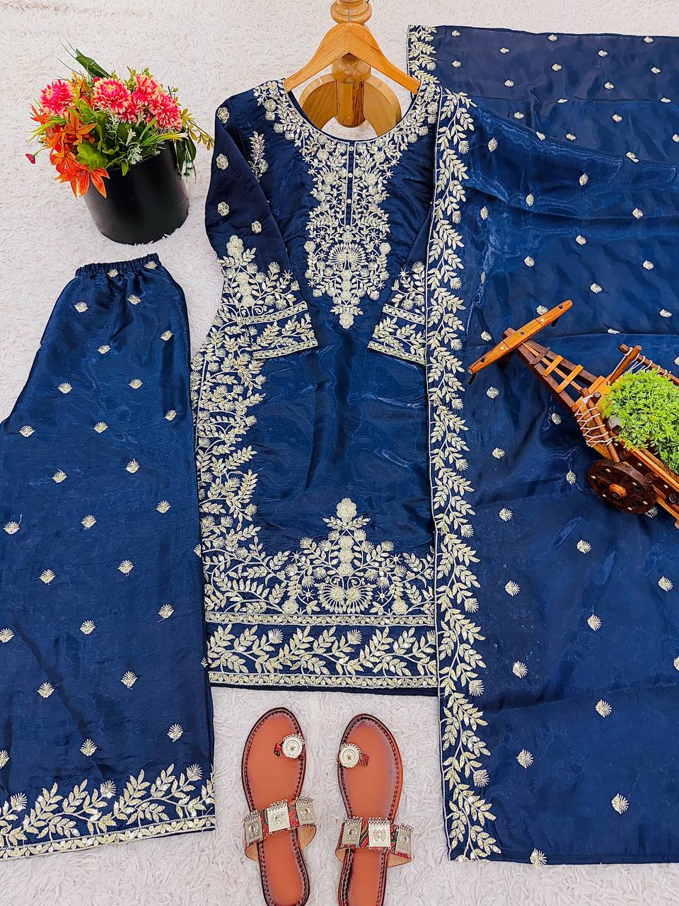 Embroidered Silk Kurta Palazzo Set with Dupatta