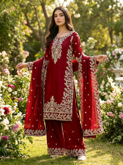 Embroidered Silk Kurta Palazzo Set with Dupatta