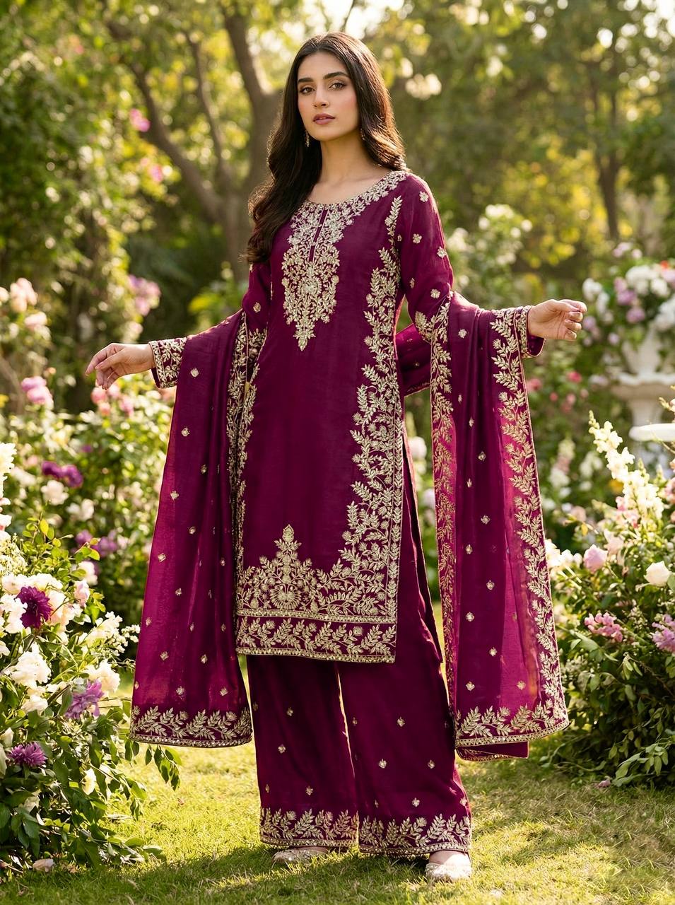 Embroidered Silk Kurta Palazzo Set with Dupatta
