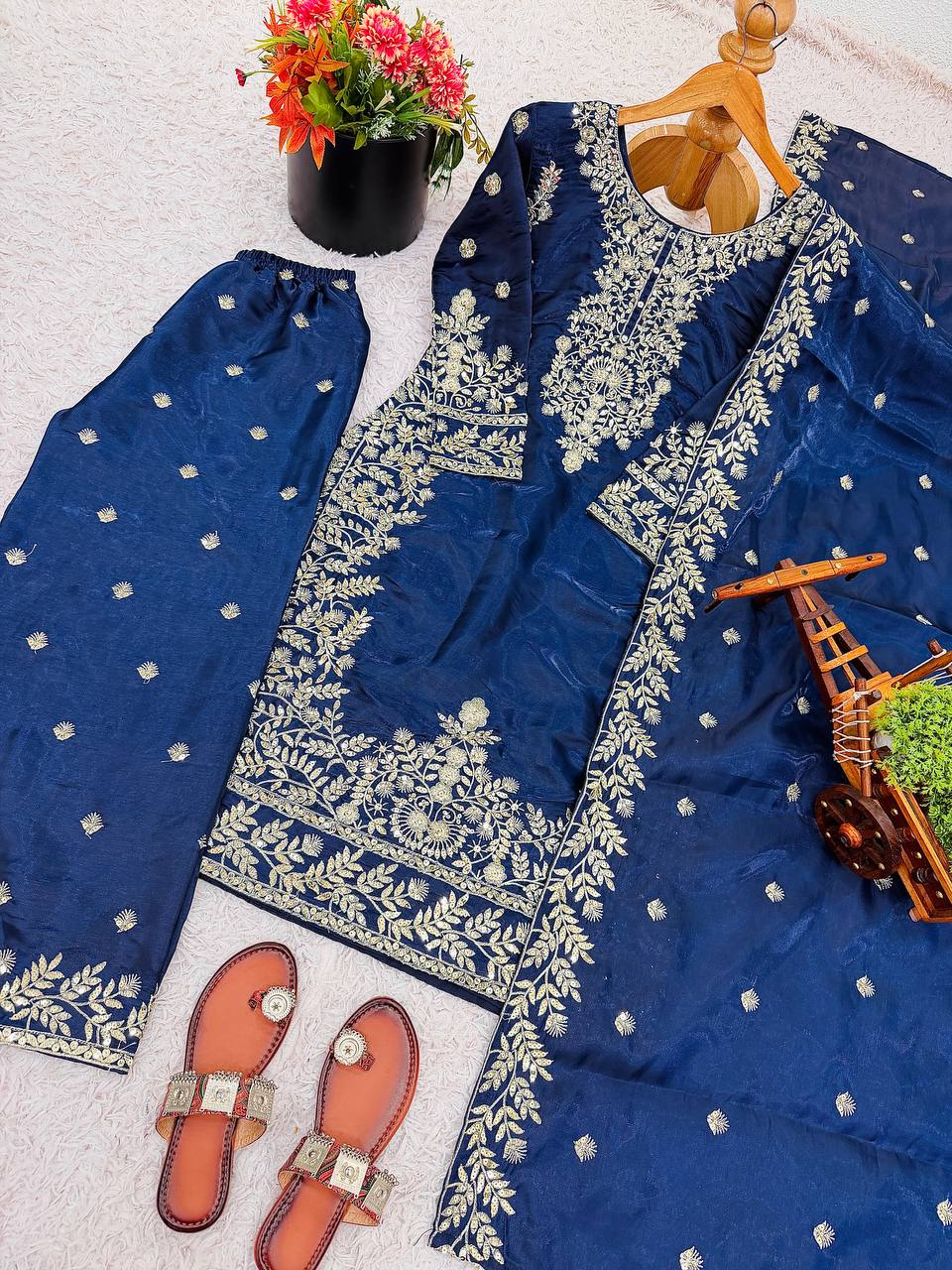 Embroidered Silk Kurta Palazzo Set with Dupatta