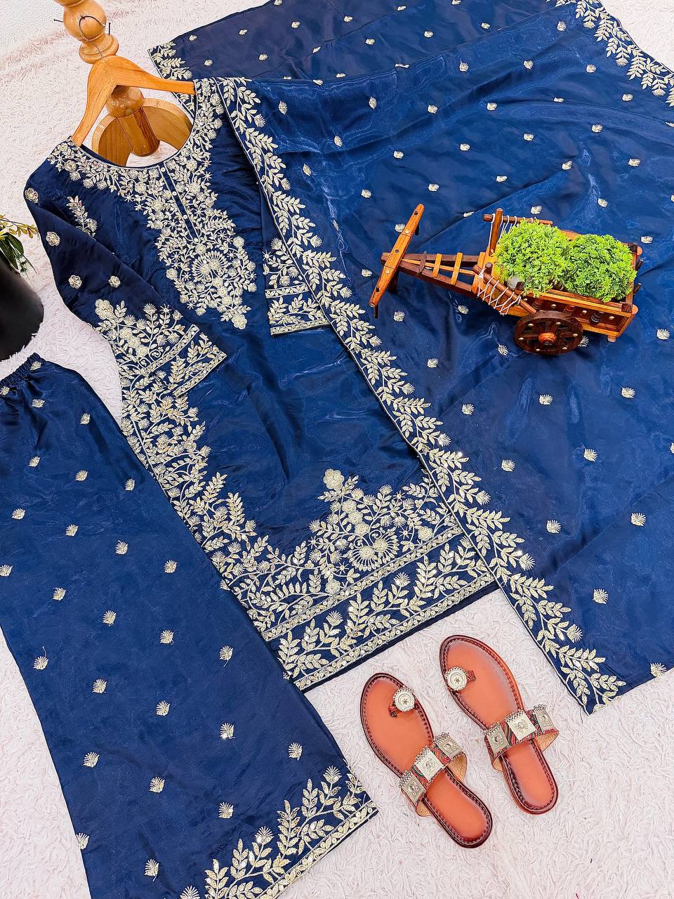 Embroidered Silk Kurta Palazzo Set with Dupatta