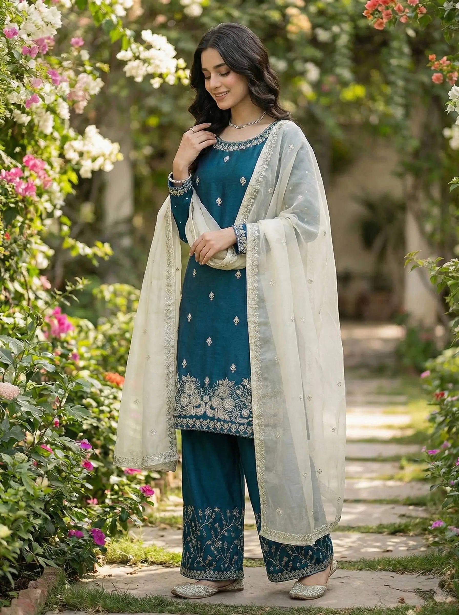 Embroidered Silk Kurta Palazzo Set with Organza Dupatta