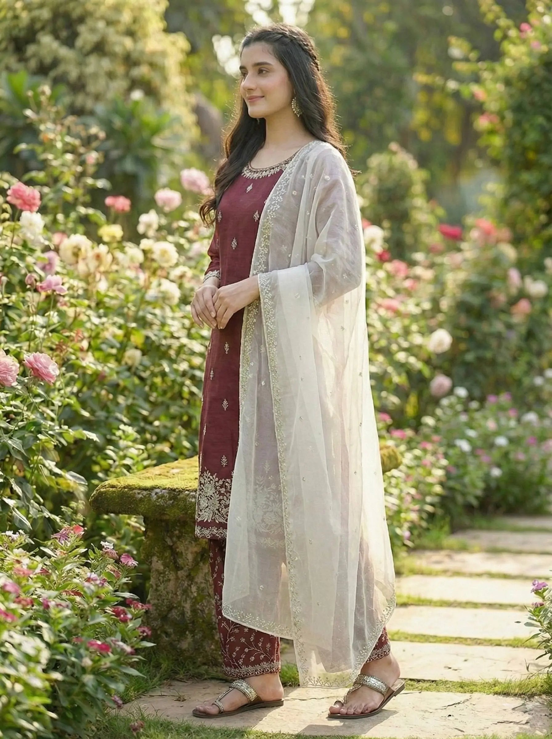 Embroidered Silk Kurta Palazzo Set with Organza Dupatta