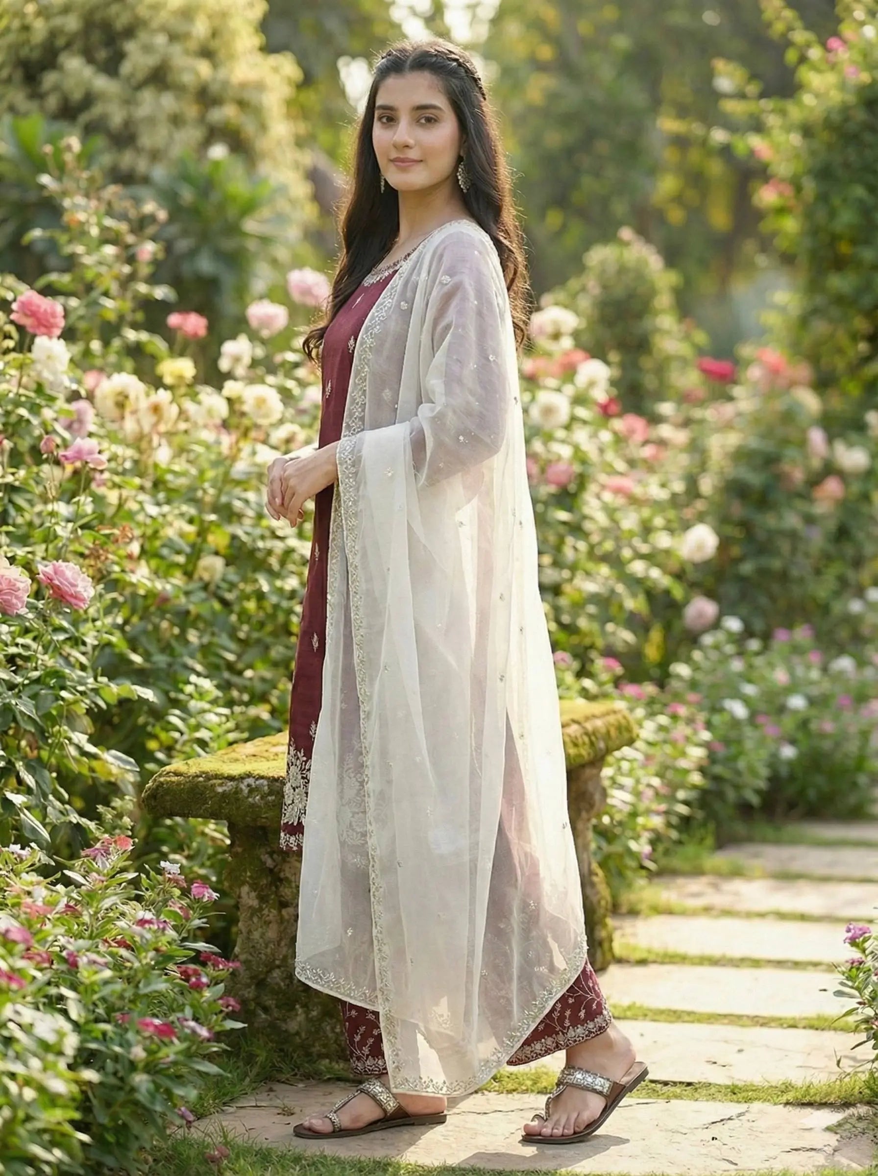Embroidered Silk Kurta Palazzo Set with Organza Dupatta
