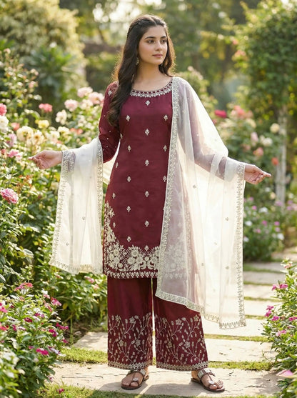 Embroidered Silk Kurta Palazzo Set with Organza Dupatta