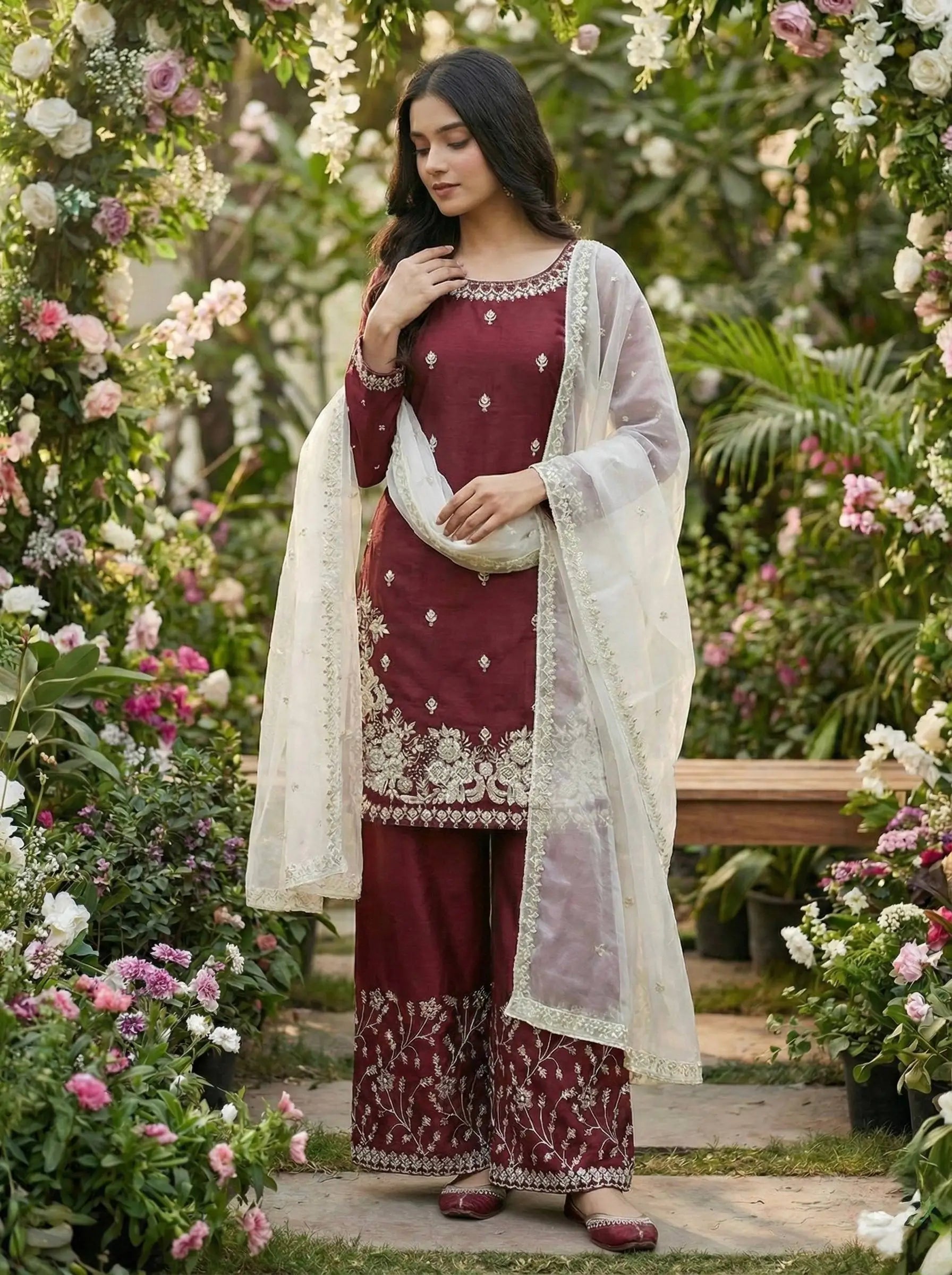 Embroidered Silk Kurta Palazzo Set with Organza Dupatta