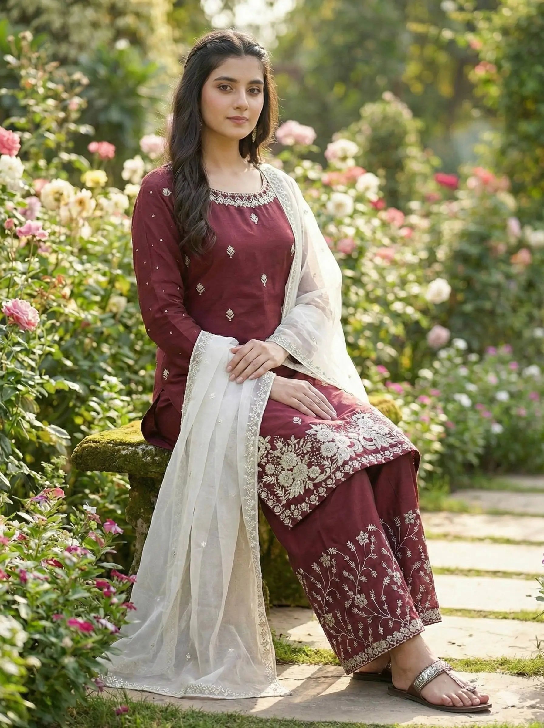 Embroidered Silk Kurta Palazzo Set with Organza Dupatta
