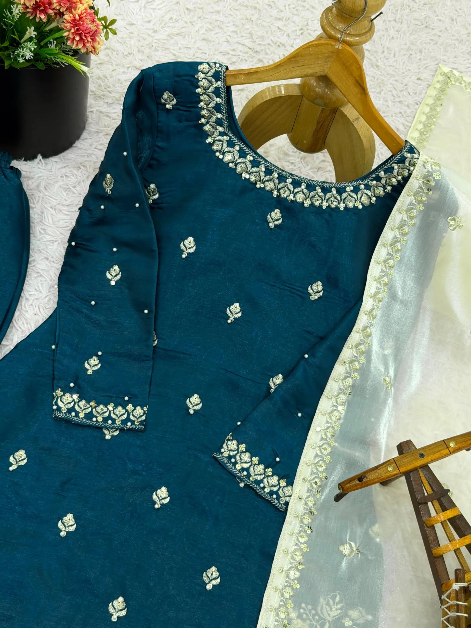Embroidered Silk Kurta Palazzo Set with Organza Dupatta
