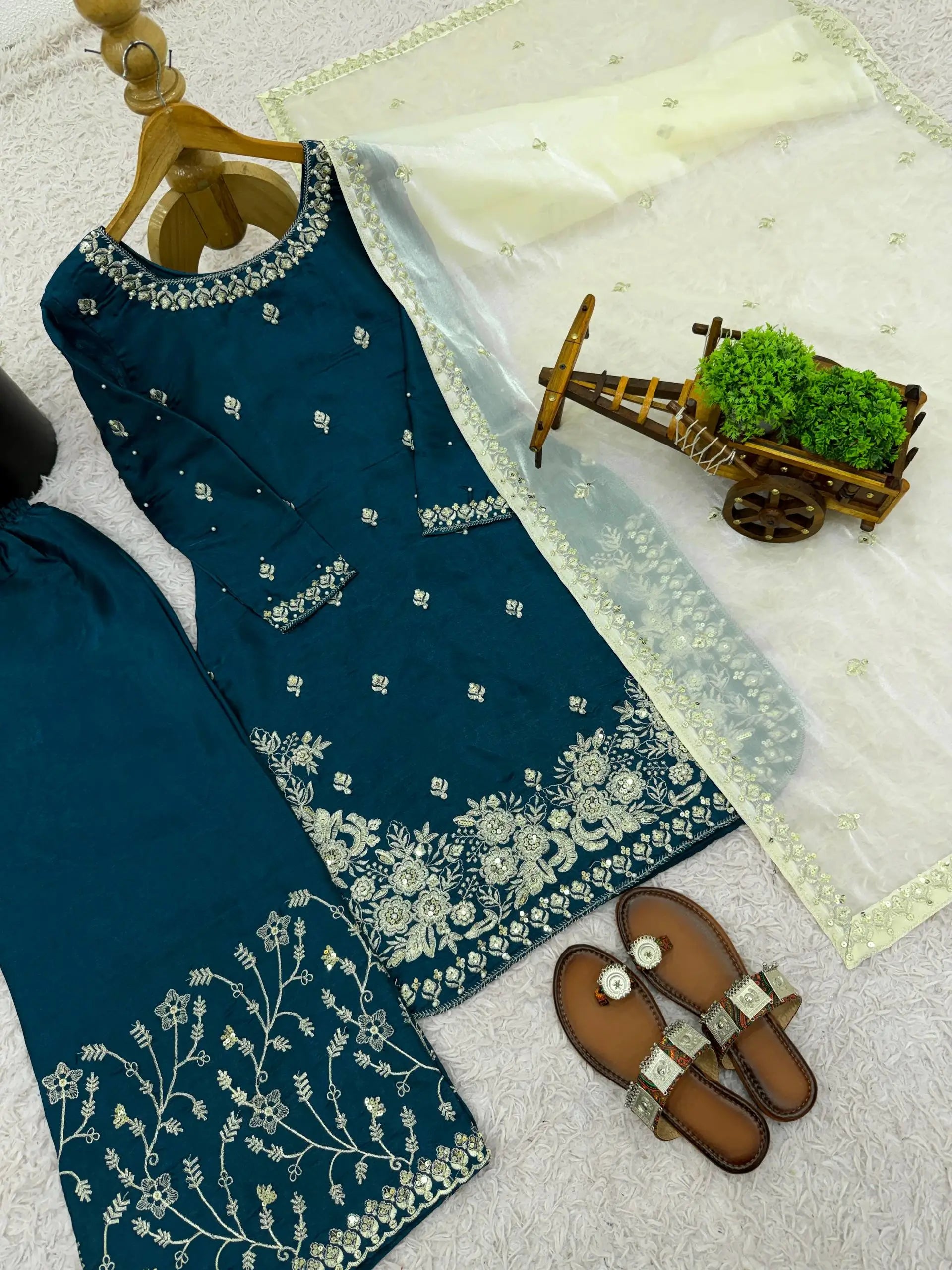 Embroidered Silk Kurta Palazzo Set with Organza Dupatta