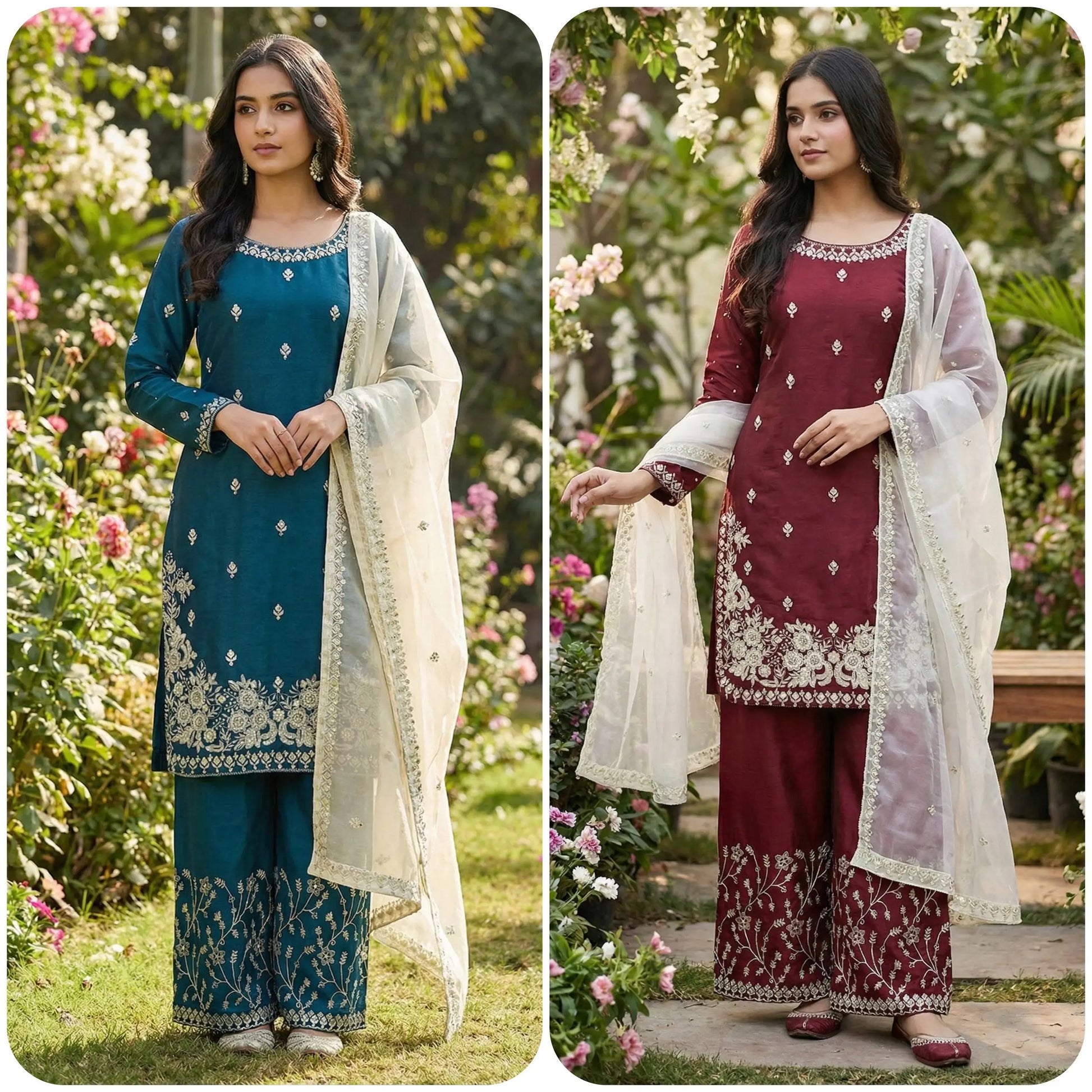 Embroidered Silk Kurta Palazzo Set with Organza Dupatta