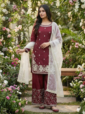 Embroidered Silk Kurta Palazzo Set with Organza Dupatta