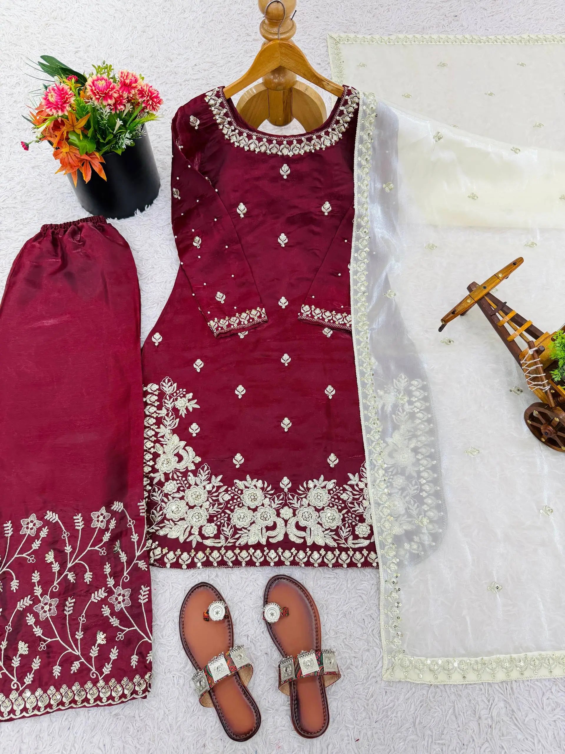 Embroidered Silk Kurta Palazzo Set with Organza Dupatta