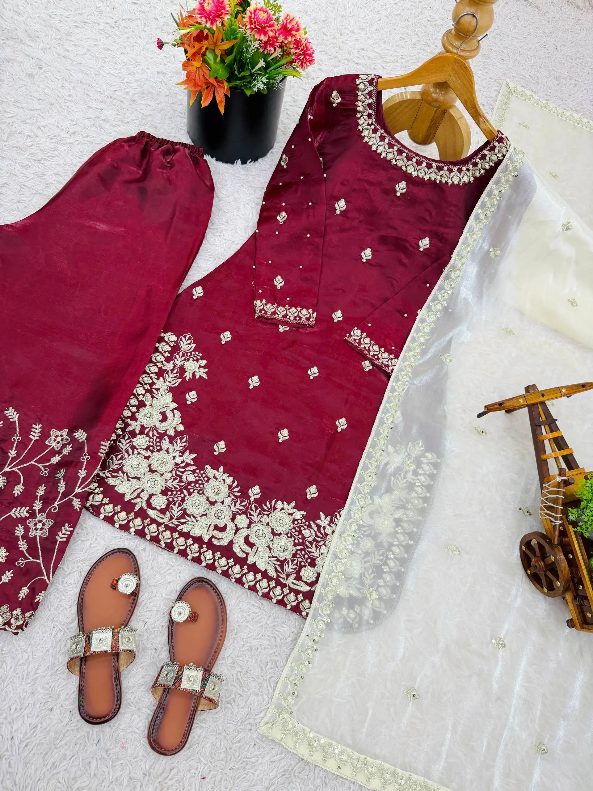Embroidered Silk Kurta Palazzo Set with Organza Dupatta
