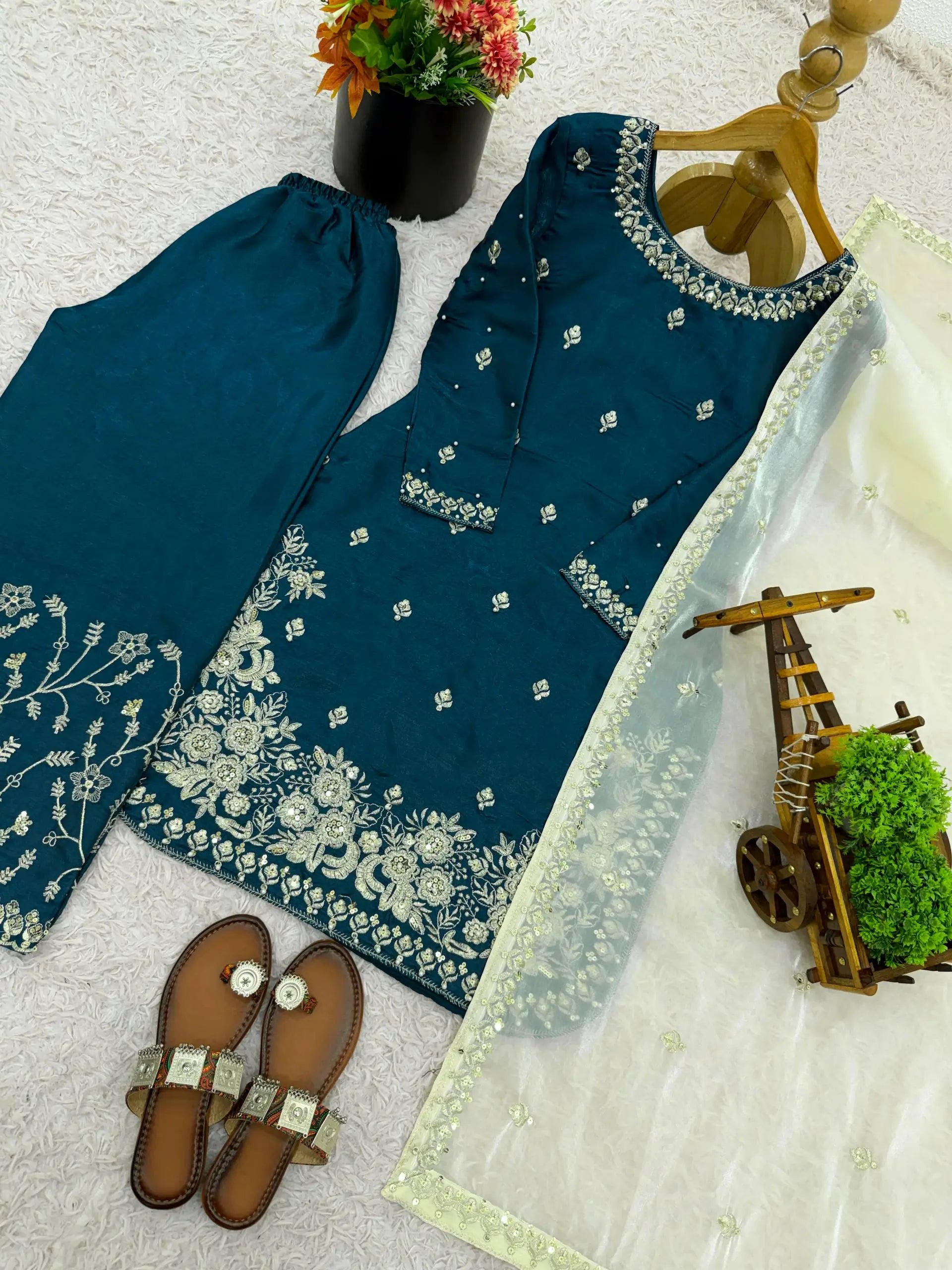 Embroidered Silk Kurta Palazzo Set with Organza Dupatta